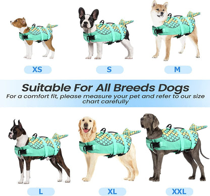 Dog Life Jacket, Adjustable Dog Life Vests Pet Life Preserver with Rescue Handle for Small Medium Large Dogs, Safety Lifesaver High Visibility Dog Swimsuit for Swimming Boating, Green Mermaid M