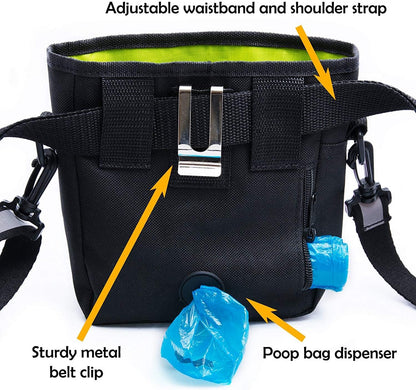 Dog Treat Pouch - Premium Training Treat Bag with Clicker and Collapsible Bowl for Dogs, Adjustable Waist and Shoulder Reflective Straps and Belt Clip, Ideal for Pet Obedience and Agility Training