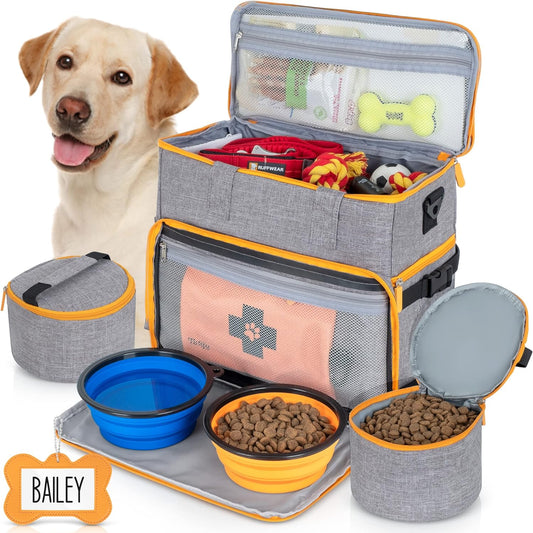 Dog Travel Bag Airline Approved Travel Set for Dog and Cat Tote Organizer with Multi Function Pockets, 2 Food Containers and Collapsible Bowls, Weekend Away Dog Bag for Travel Accessories - Gray