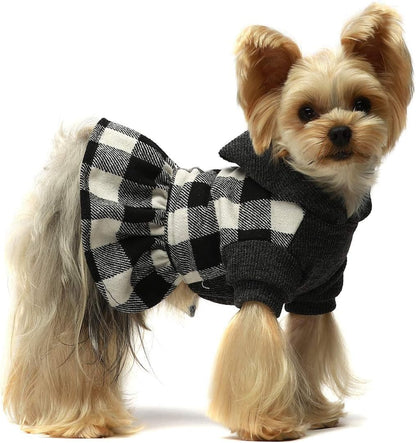 Knitted Plaid Dog Dress Hoodie Sweatshirts Pet Clothes Sweater Coats Cat Outfits Black Small