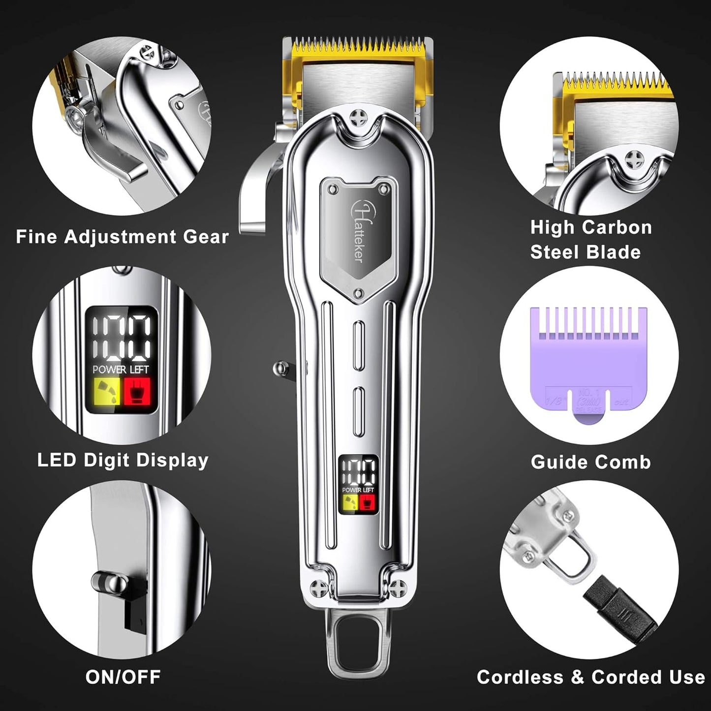 Mens Hair Clippers Professional Cordless Hair Beard Trimmer Haircut Grooming Kit Rechargeable Stainless Steel