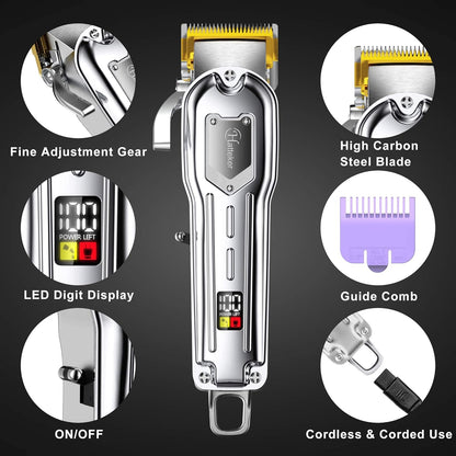 Mens Hair Clippers Professional Cordless Hair Beard Trimmer Haircut Grooming Kit Rechargeable Stainless Steel