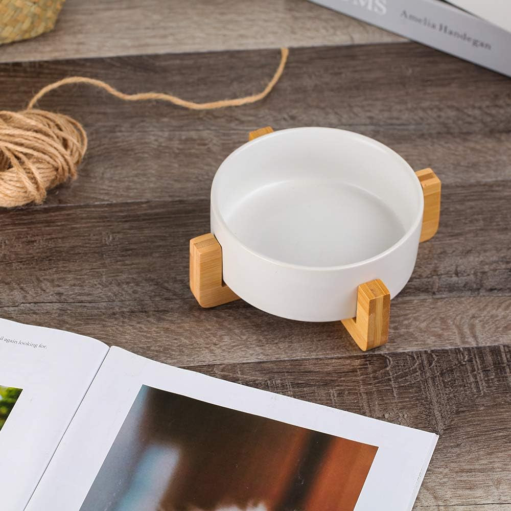 White Ceramic Cat Dog Bowl Dish with Wood Stand No Spill Pet Food Water Feeder Cats Small Dogs