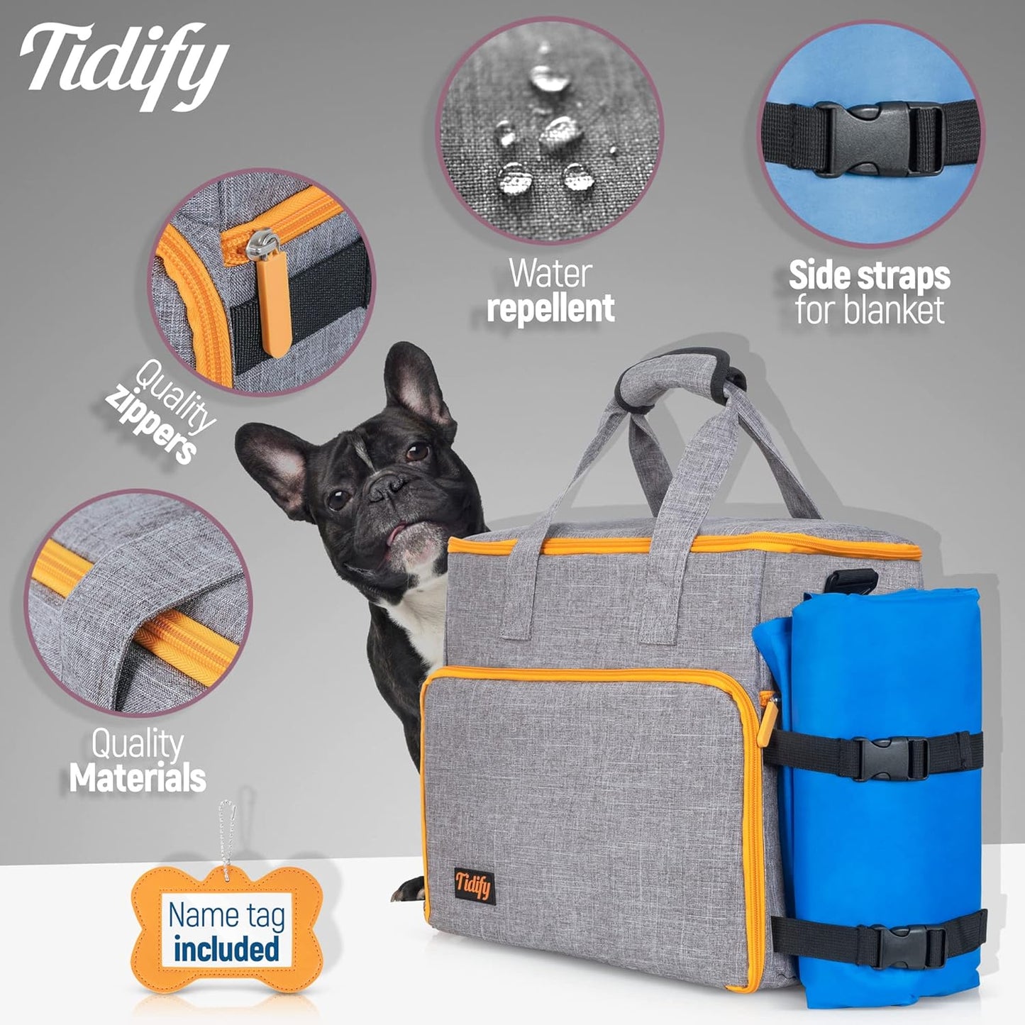 Dog Travel Bag Airline Approved Travel Set for Dog and Cat Tote Organizer with Multi Function Pockets, 2 Food Containers and Collapsible Bowls, Weekend Away Dog Bag for Travel Accessories - Gray