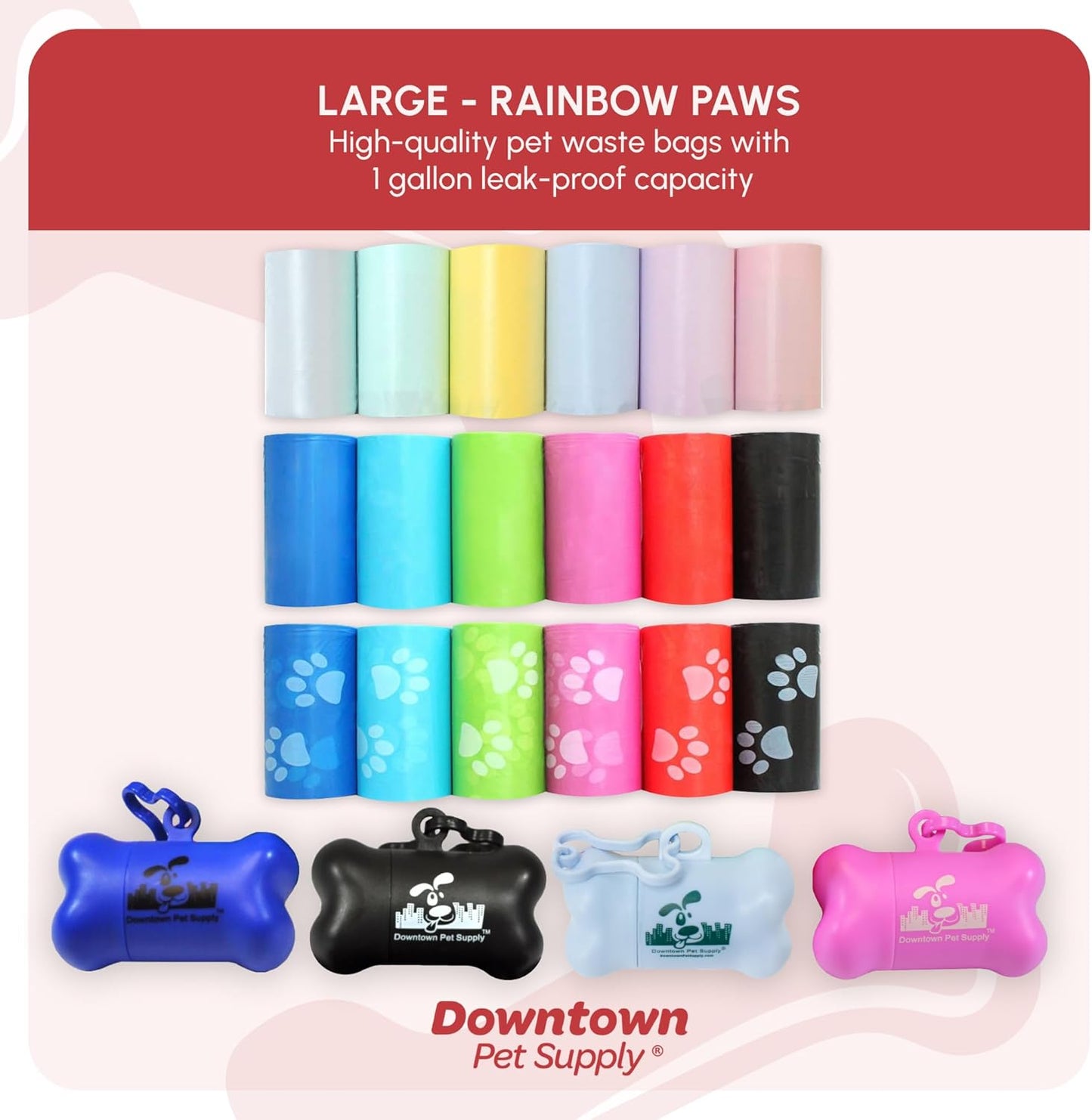 Poop Bags for Dogs with Dispenser, 180 Count - Leak-Proof Dog Waste Bags and Bone-Shaped Dog Poop Bags Holder for Leash - Rainbow with Paw Prints, 12.5" X 8.5"