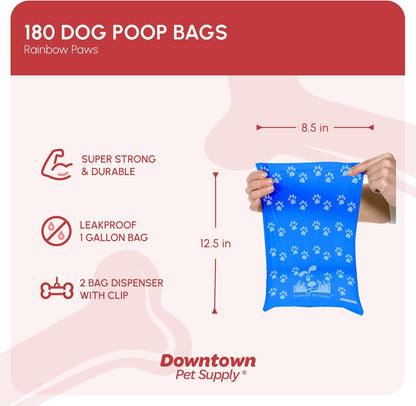 Poop Bags for Dogs with Dispenser, 180 Count - Leak-Proof Dog Waste Bags and Bone-Shaped Dog Poop Bags Holder for Leash - Rainbow with Paw Prints, 12.5" X 8.5"