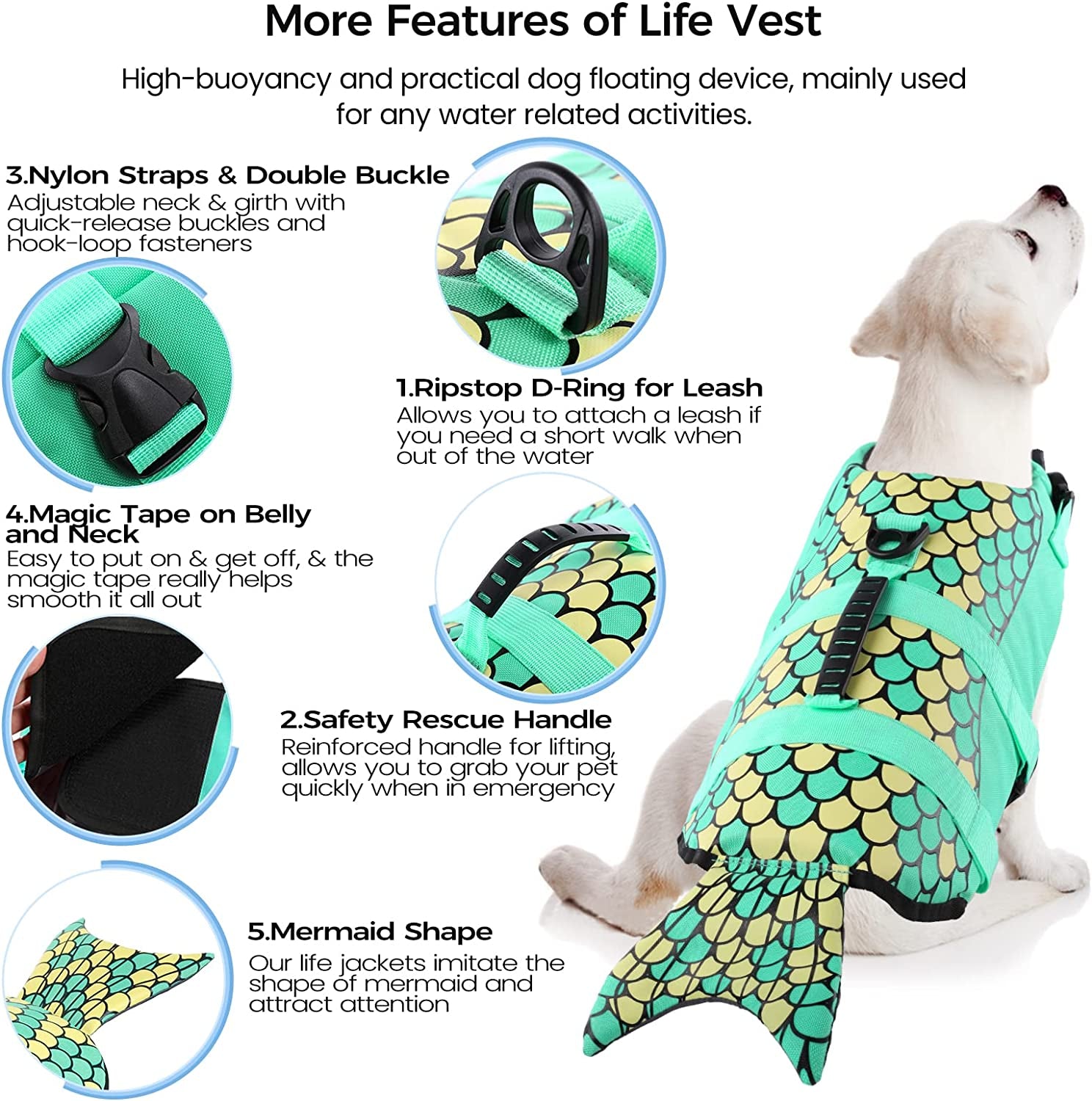 Dog Life Jacket, Adjustable Dog Life Vests Pet Life Preserver with Rescue Handle for Small Medium Large Dogs, Safety Lifesaver High Visibility Dog Swimsuit for Swimming Boating, Green Mermaid M